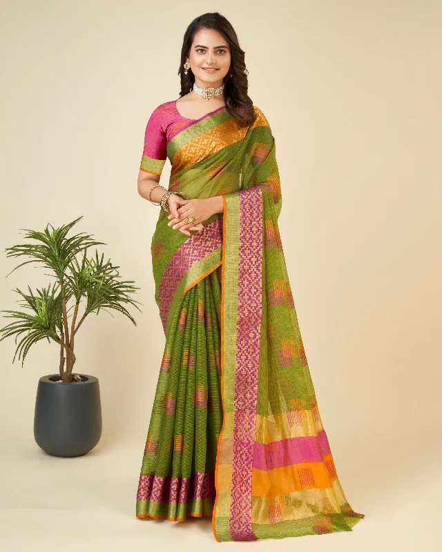 Women Lime Green  Kota Doriya Soft Silk Weaving Work Saree With Un-Stiched Blouse Feminine Tie Blouse