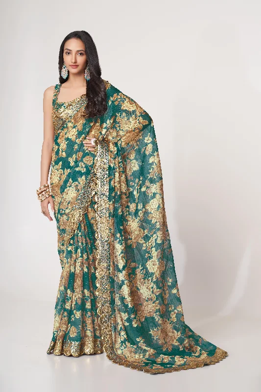 Women Teal Blue Organza Sequins Embroidery Work With Digital Print Saree With Un-Stiched Blouse Ruffled Neck Blouse