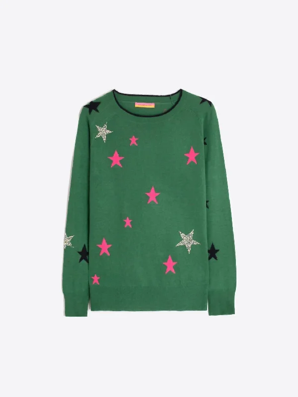 Intarsia Stars Sweater In Green Stretchy Elastic Breathable