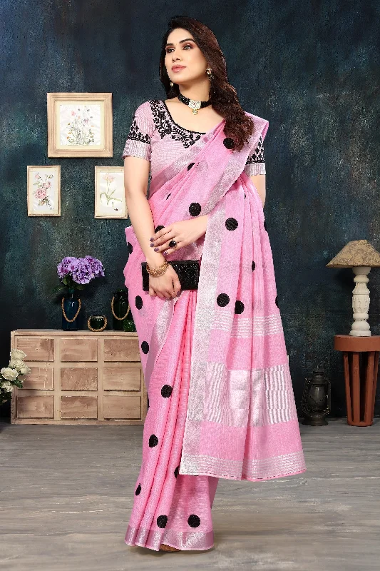 Women Party Wear Embroidery Worked Pure Soft Cotton Silk Saree with Un Stitched Blouse Office Formal Blouse