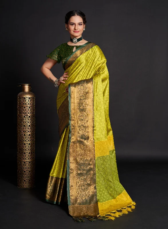 Women Yellow Lichi Soft Silk Weaving Work Saree With Un-Stiched Blouse Feminine Puff Blouse