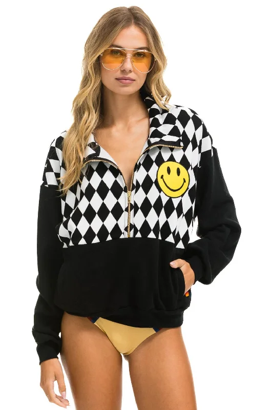 DIAMOND SMILEY 2 EMBROIDERY FLEECE HALF ZIP SWEATSHIRT - BLACK // WHITE Hoodie with Drawstring Waist Adjustable Fitted