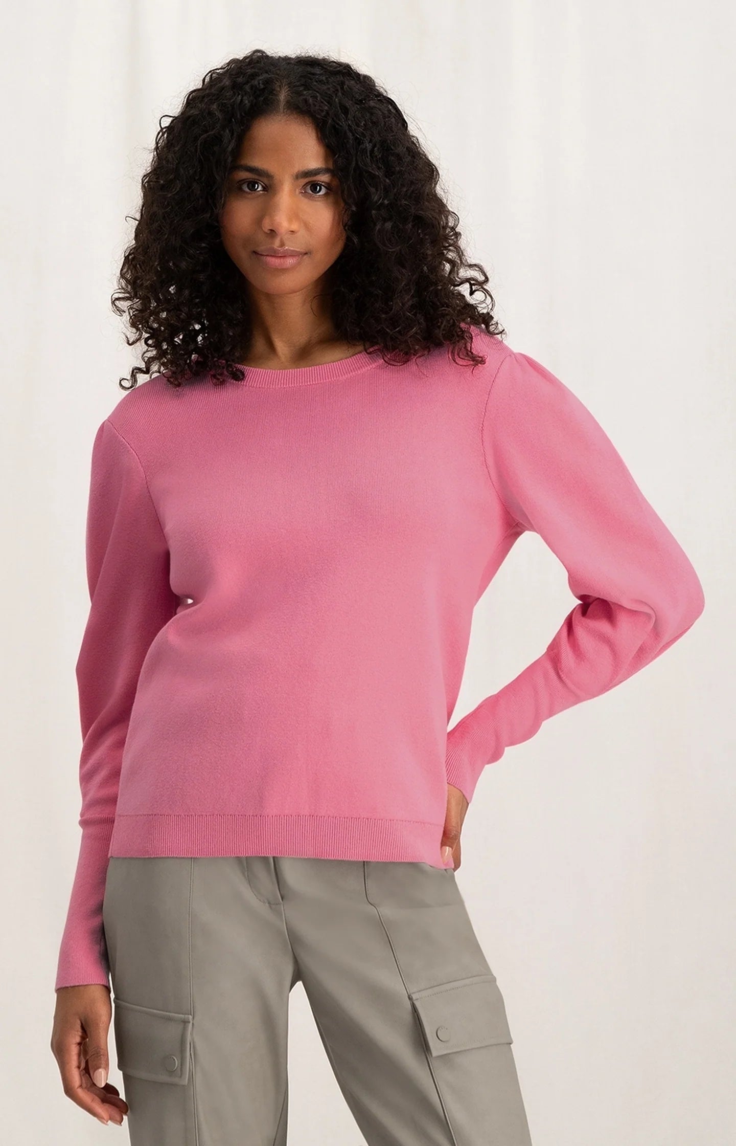 YAYA Puff Sleeve Seam Detail Sweater, Morning Glory Pink Sweater Knitwear Pullover