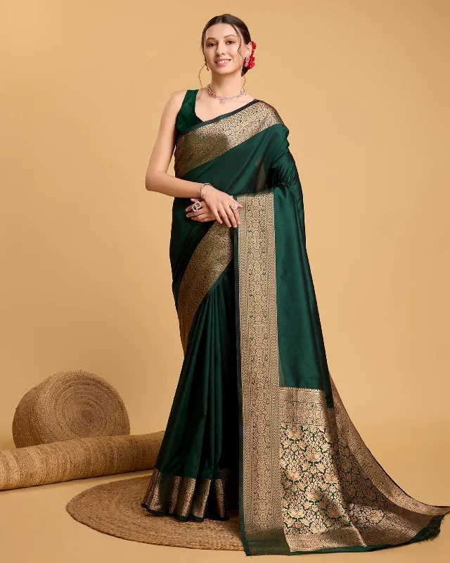 Women Green Pure Silk Weaving Work Saree With Un-Stiched Blouse Backless Summer Blouse