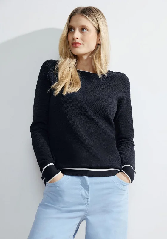 Cecil Contrast Trim Structure Knit Sweater, Universal Blue Modern Contemporary Chic