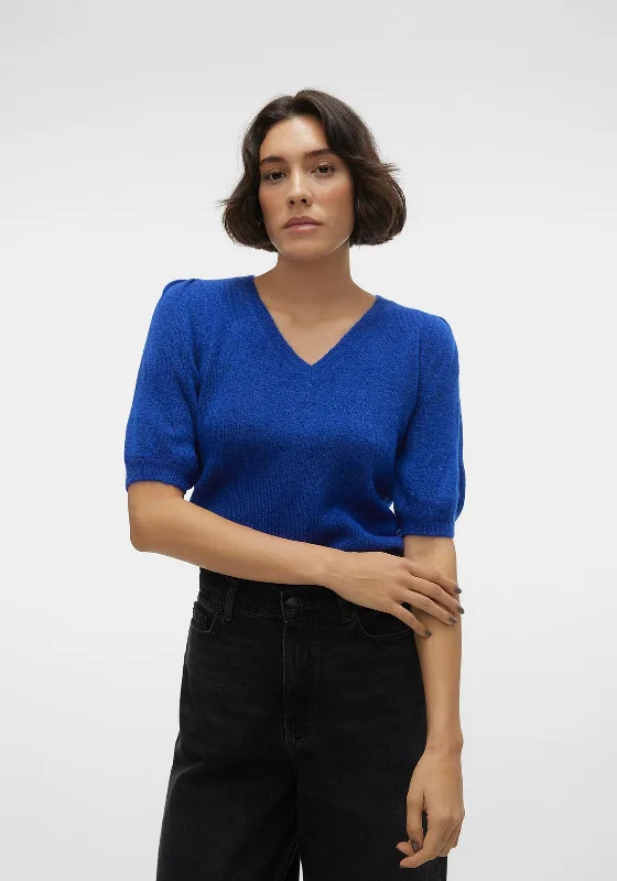 Vero Moda Elly V-Neck Puff Sleeve Knitted Sweater, Dark Blue Collared Crew Neck Turtle Neck