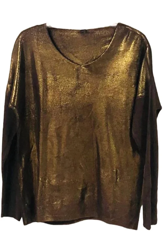 Women's Light Weight Sweater In Gold Foil Spandex Blend Rayon Blend Denim Blend