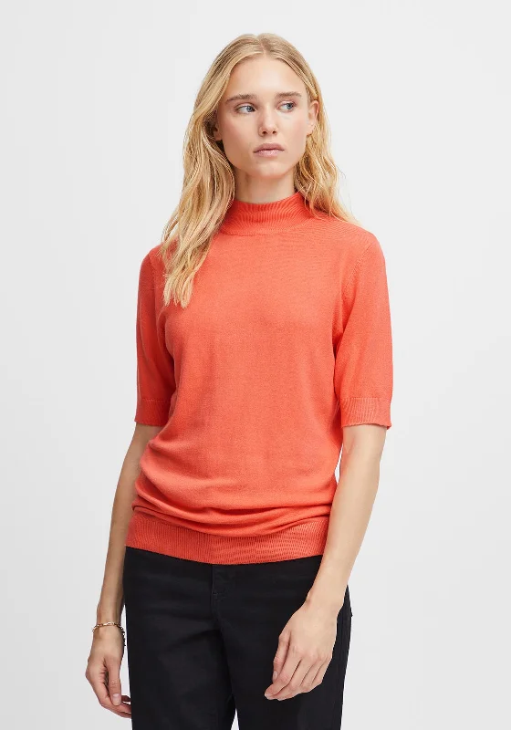 Ichi Mafa Short Sleeve Sweater, Hot Coral Zippered Front Buttoned Front Snap Front