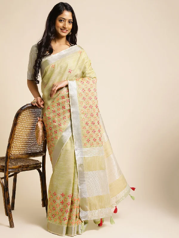 Women Party Wear Embroidery Worked Pure Cotton Linen Silk Saree with Un Stitched Blouse Sleeveless Chiffon Blouse