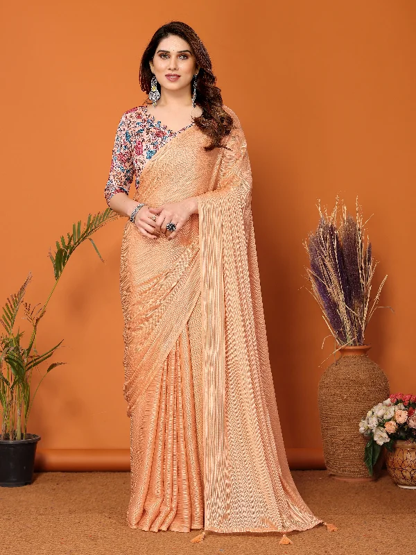 Women Orange Polyester Zari Plain Saree With Un-Stiched Blouse Casual Relaxed Fit Blouse