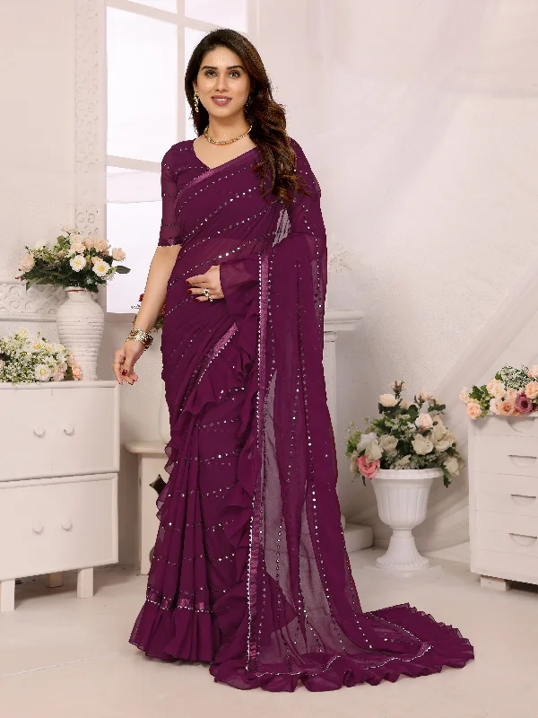 Women Purple Georgette Mirror Work Saree With Un-Stiched Blouse Vintage Lace Blouse