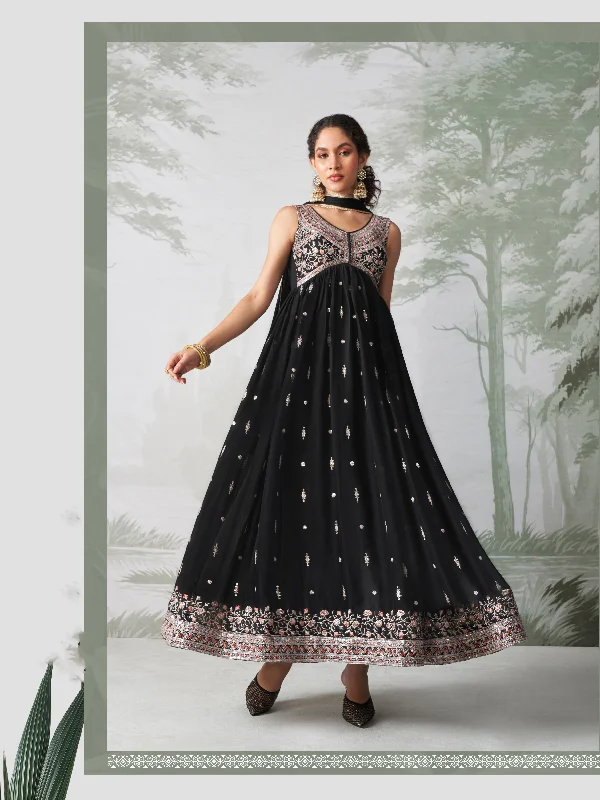 Black Georgette Sequins Embroidered  Anarkali Gown With Pant Dupatta Sleek Black Pants