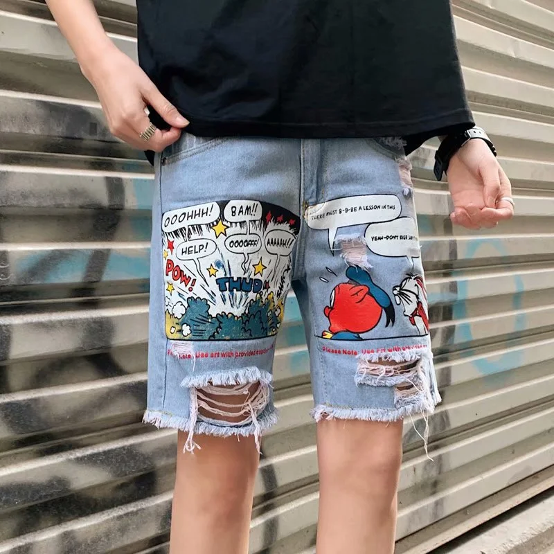 Denim Shorts Men's Summer Trendy Hong Kong Style Loose Straight Men's Short Pants Ripped Denim Middle Pants Simple Men's Fashion Comfy Athletic Pants