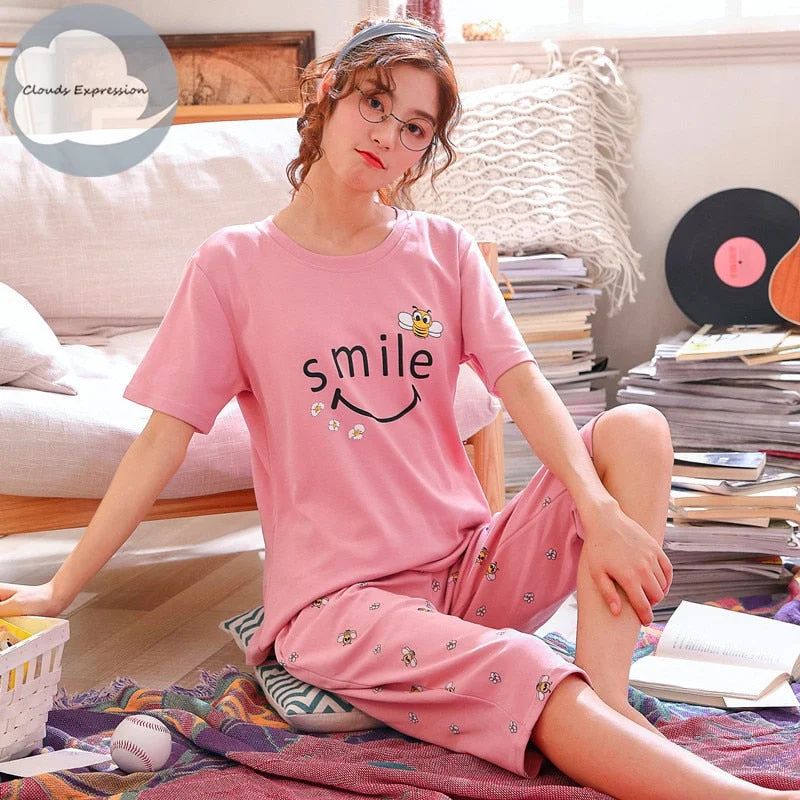 Summer Knitted Cotton Cartoon Pajamas Set Women Pyjamas Sleepwear Nightwear Pijama Mujer Plus size Calf-Length Pants Homewear Trendy Velvet Pants