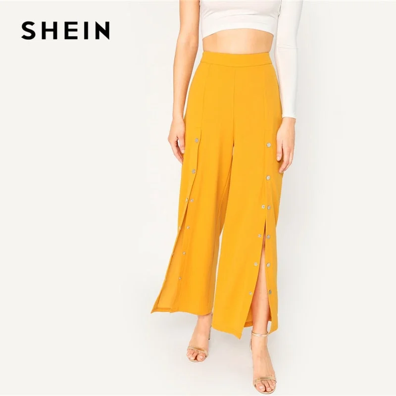 SHEIN Bright Gold Button Split Front Wide Leg Long Plain Pants Women Elastic Waist Morden Lady Spring Spring Loose Pants Chic Slim Fit Pants