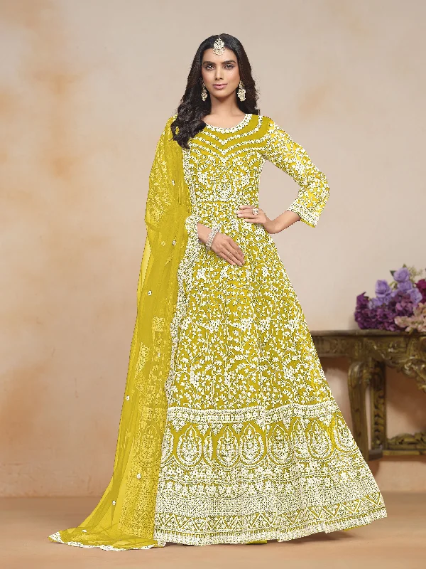 Lime Net Embroidered  Anarkali Kurti With Pant Dupatta Fashionable Button-Up Pants