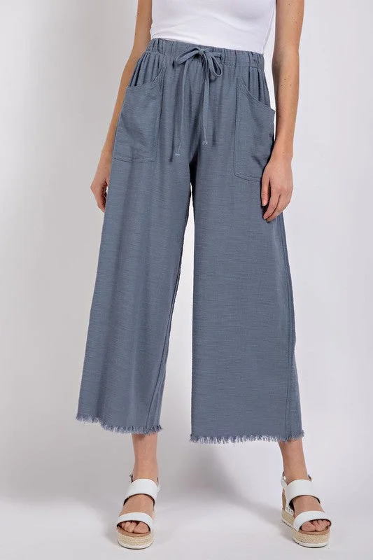 Slate Blue Wide Leg Frayed Pants High-Waist Jeans