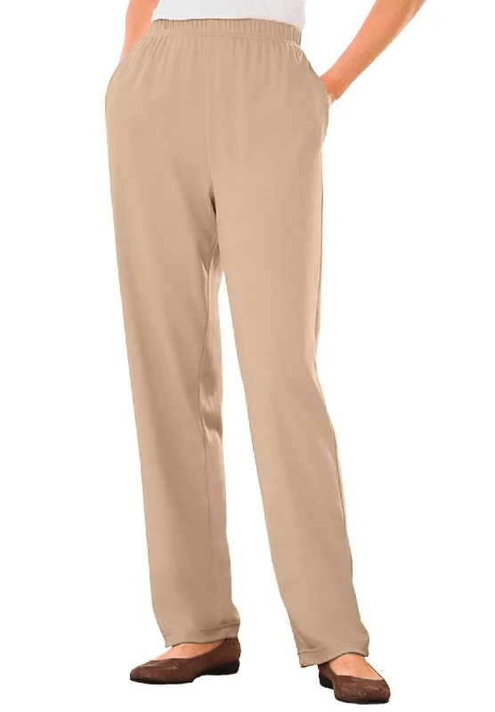 Woman Within Plus Size 7-Day Knit Straight Leg Pant | Stretch Elastic Waist | Petite & Tall - 1X, New Khaki Beige Casual Drawstring Pants