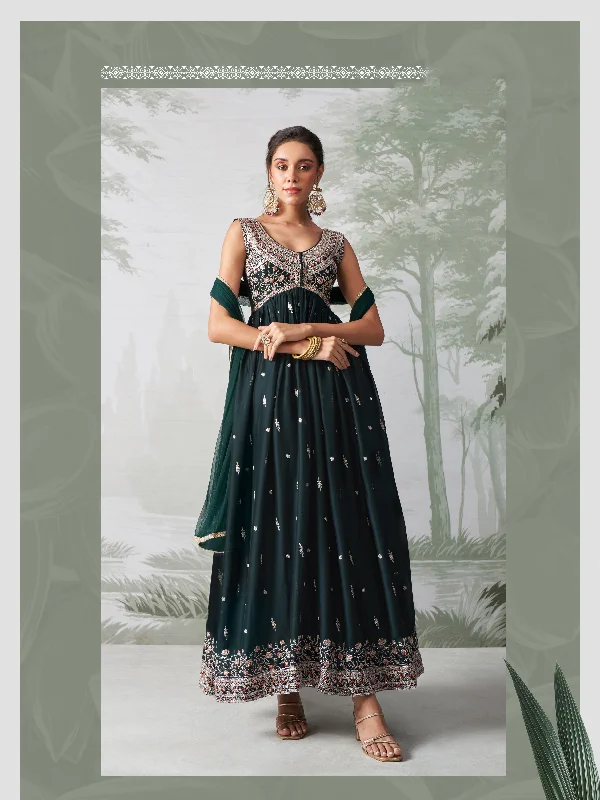 Green Georgette Sequins Embroidered  Anarkali Gown With Pant Dupatta Trendy Printed Leggings