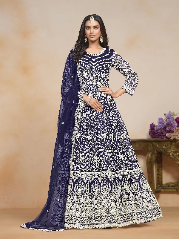 Blue Net Embroidered  Anarkali Kurti With Pant Dupatta Classic Chino Pants