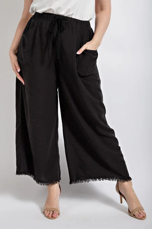 Black Wide Leg Frayed Pants Comfortable Cargo Pants