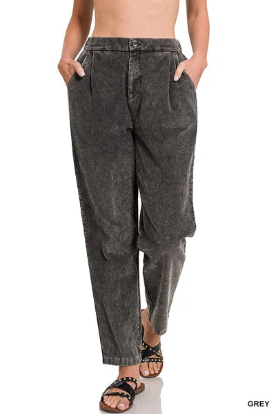 Grey Corduroy Pleated Pants Fashionable Button-Up Pants