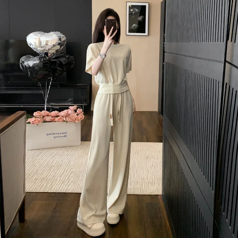 Design Casual Sports Suit Women's Summer Wear  New Younger Fashion Temperament Short Sleeve Wide Leg Pants Two-Piece Set Trendy Printed Pants