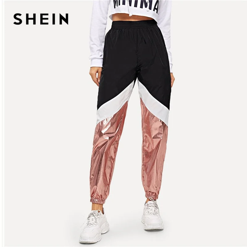 SHEIN Multicolor Color-block Contrast Metallic 100% Nylon Pants 2019 Spring Women Modern Lady Elegant Tapered/Carrot Pants High-Waist Jeans