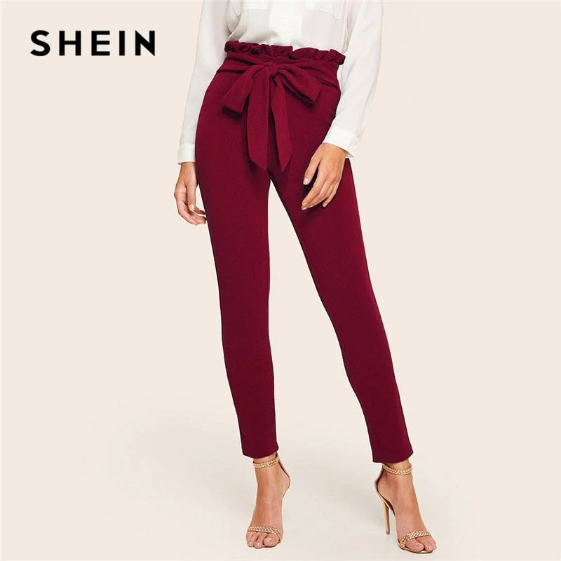 SHEIN Burgundy Casual Frill Trim Bow Belted Detail Solid High Waist Pants Women Fashion Clothing Elastic Waist Carrot Pants Fashionable Jogger Pants