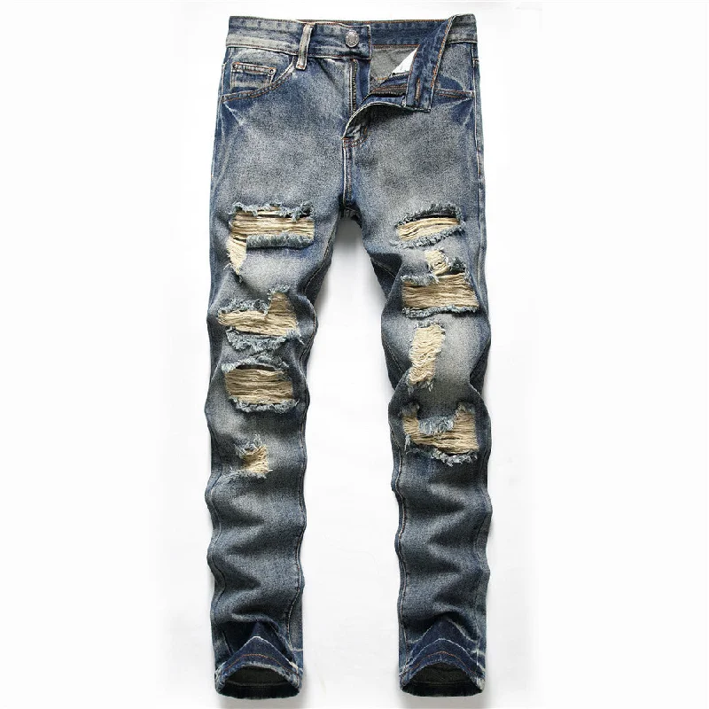 European and American  New Denim Men's Pants  Hot Trade Ripped Trendy Black Slim Fit Denim Straight-Leg Pants Men's Fashion Fashionable Sporty Pants