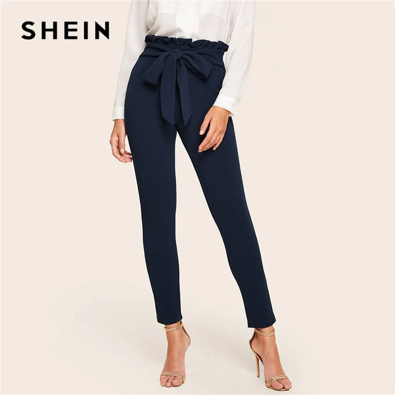 SHEIN Navy Elegant Paperbag Waist Belted Detail Solid High Waist Pants Women Fashion Frill Trim Elastic Waist Carrot Pants Comfortable Cargo Pants