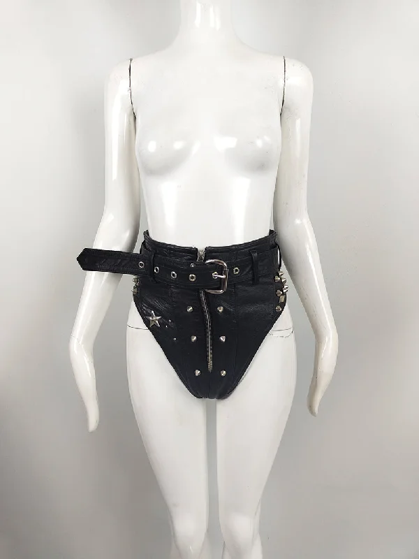 Katharine Hamnett Vintage Black Leather 'Clean Up or Die' Studded Hot Pants, 1990 Soft Stretch Leggings