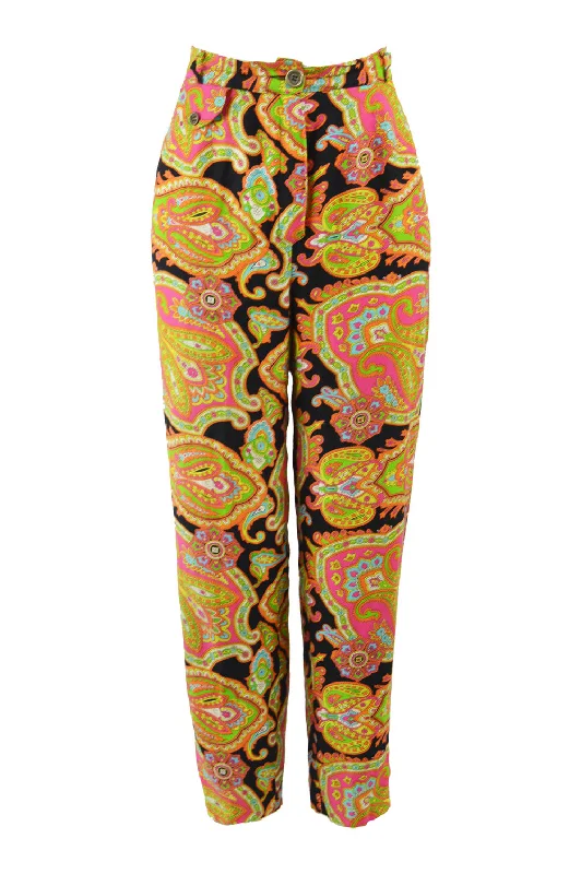 Women's Vintage Multicoloured Paisley Pants, 1990s Trendy Tapered Pants