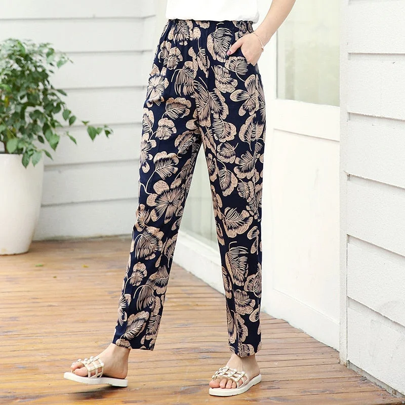 22 Colors 2019 Women Summer Casual Pencil Pants XL-5XL Plus Size High Waist Pants Printed Elastic Waist Middle Aged Women Pants Classic Cropped Pants