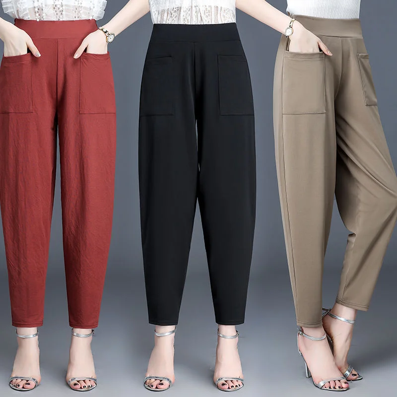 Spring Summer women pants Fashion Ankle-length loose Harem pants soft High waist elasticity Solid color leisure Corduroy pants Chic Black Leggings