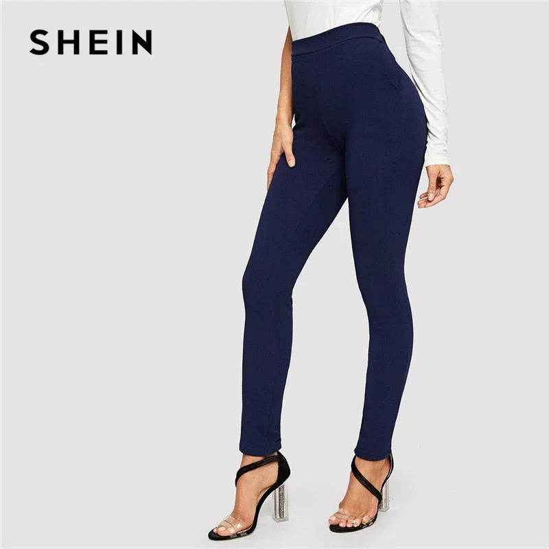 SHEIN Blue Pocket Side Solid Textured Elastic Waist Skinny Pants 2019 Casual Spring Women Mid Waist Tapered/Carrot Pants Elegant Dress Pants