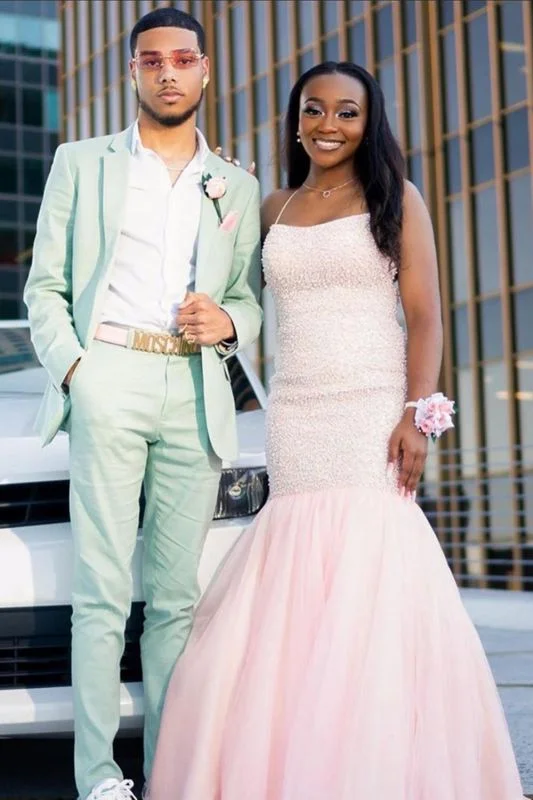 Light Pink Tulle Mermaid Prom Dresses With Sequins