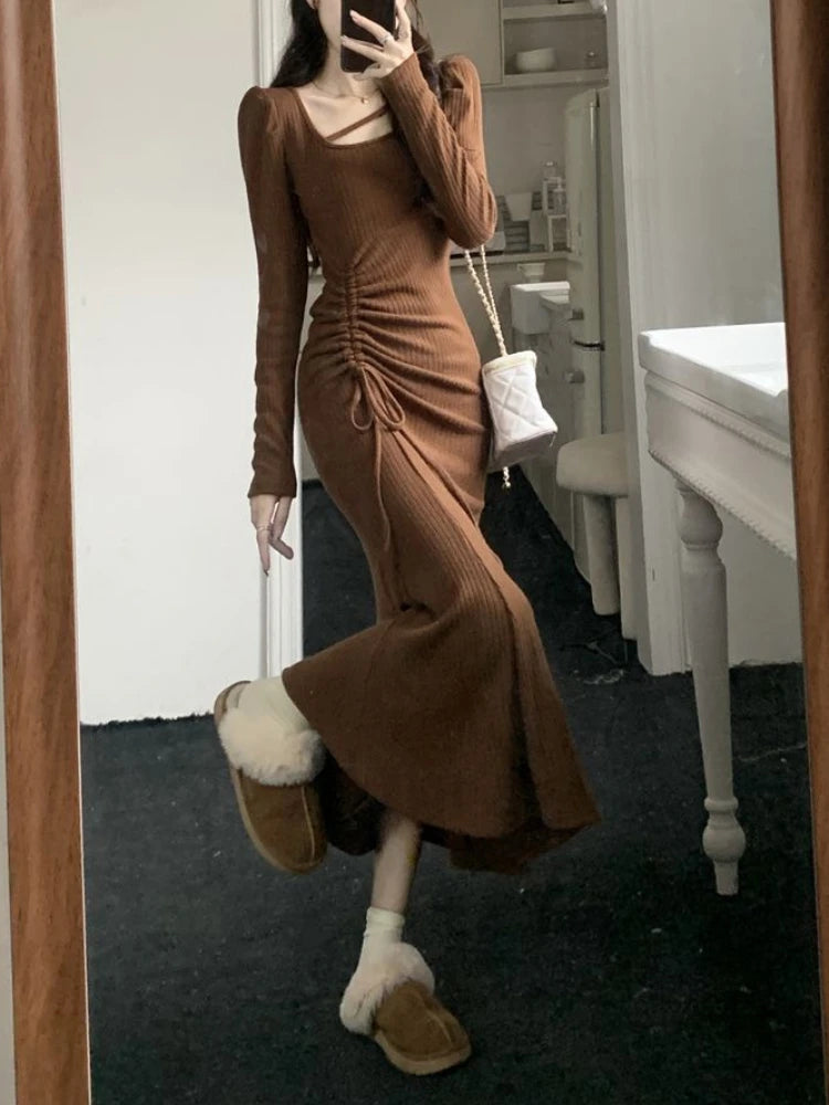 Getadme-Y2k Vintage Brown Maxi Trumpet Dress Women Korean Style Elegant Folds Drawstring Long Sleeve Bodycone Corset Dresses Getadme-Y2k Vintage Brown Maxi Trumpet Dress Women Korean Style Elegant Folds Drawstring Long Sleeve Bodycone Corset Dresses