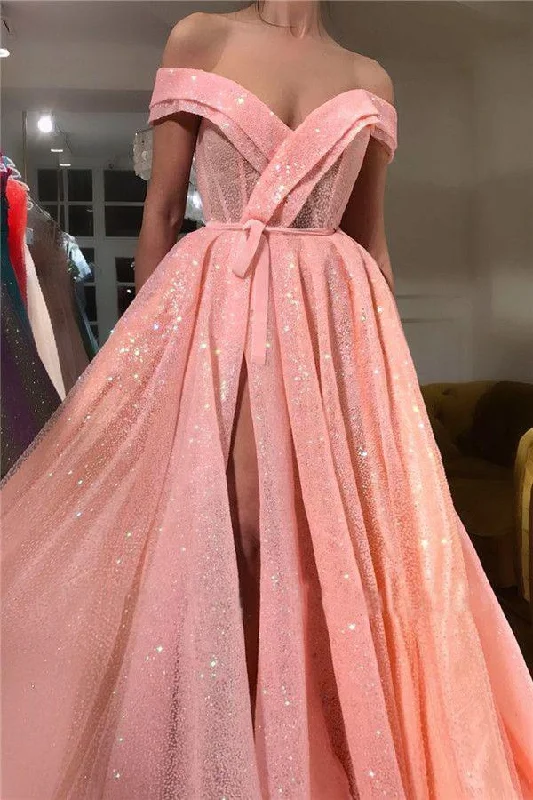 A Line Pink Sequins Off the Shoulder Prom Dresses with Split, V Neck Dance Dresses STI15013 A Line Pink Sequins Off the Shoulder Prom Dresses with Split, V Neck Dance Dresses STI15013