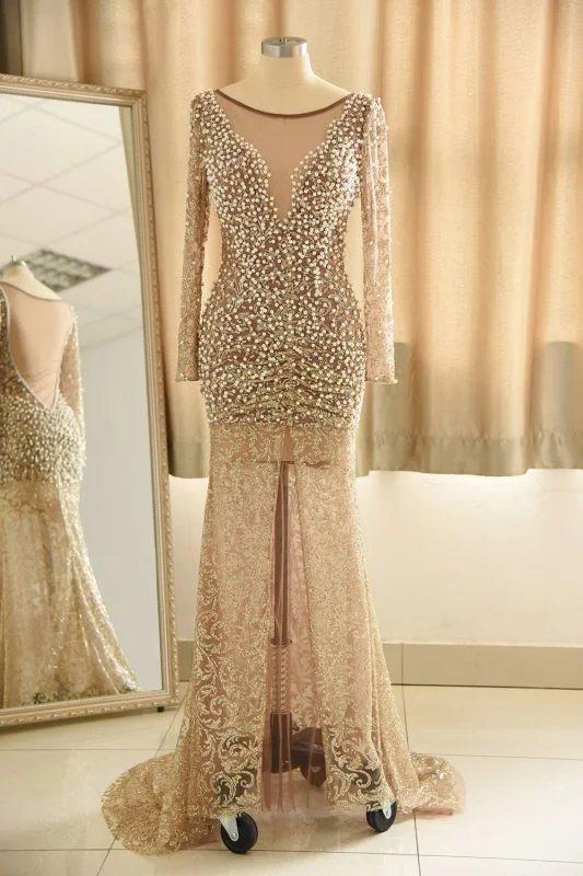 Jewel Lace Front Slit Prom Dresses | Long Sleeves Appliques Formal Dress with Pearls Jewel Lace Front Slit Prom Dresses | Long Sleeves Appliques Formal Dress with Pearls