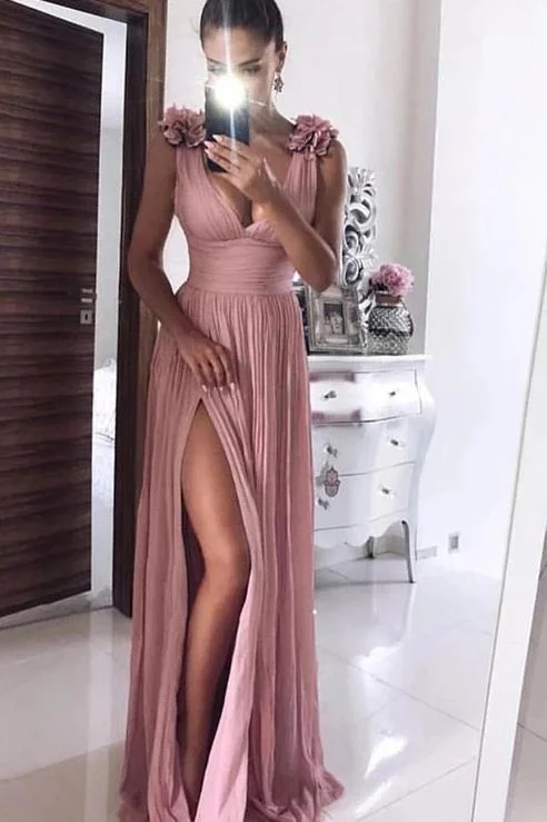 A Line Pink Chiffon V neck Prom Dresses with Split, Long Formal Dress With Handmade Flower STI15010 A Line Pink Chiffon V neck Prom Dresses with Split, Long Formal Dress With Handmade Flower STI15010