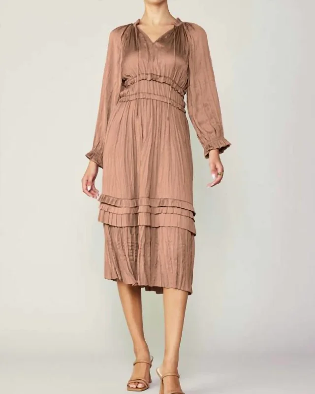 Long Sleeve Split Neck Long Dress In Dusty Clay | Dusty Clay