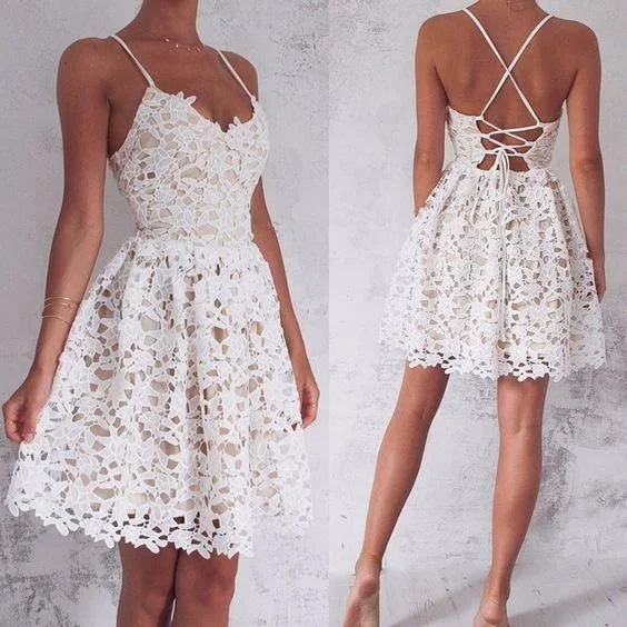 Sleeveless Spaghetti-Strap Lace Mini Modest Lace-up Homecoming Dress C23