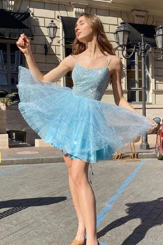 Blue A-line Beaded Spaghetti Straps Short Homecoming Dress  C791