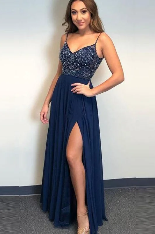 A Line Spaghetti Straps V Neck Chiffon Royal Blue Prom Dresses with Slit Beads Formal Dress STI15032 A Line Spaghetti Straps V Neck Chiffon Royal Blue Prom Dresses with Slit Beads Formal Dress STI15032