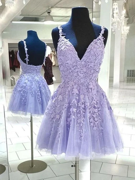 V Neck Backless Purple Lace Short,Open Back Purple Lace Homecoming Dresses C601
