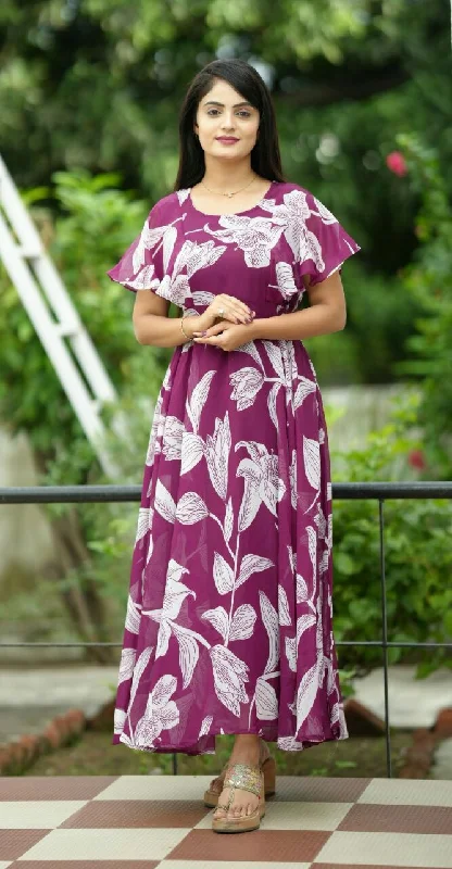 PURPLE FLOWER PRINTED GEORGETTE PARTY WEAR DRESS