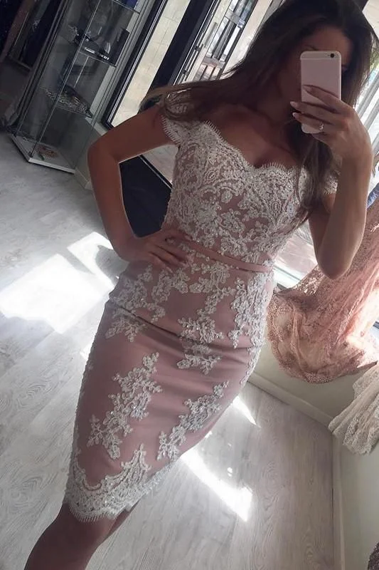 Blush Pink Cocktail Dress,Sheath Lace Appliques Off Shoulder Homecoming Dress Party Gown C839 Blush Pink Cocktail Dress,Sheath Lace Appliques Off Shoulder Homecoming Dress Party Gown C839