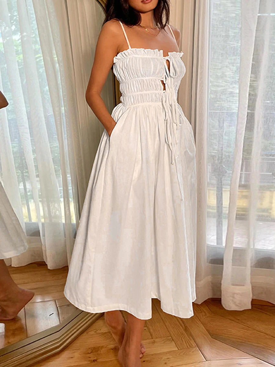 Women's Summer Slip Dress Solid Color Tie Front Spaghetti Strap Ruched Midi A-Line Dress Women's Summer Slip Dress Solid Color Tie Front Spaghetti Strap Ruched Midi A-Line Dress