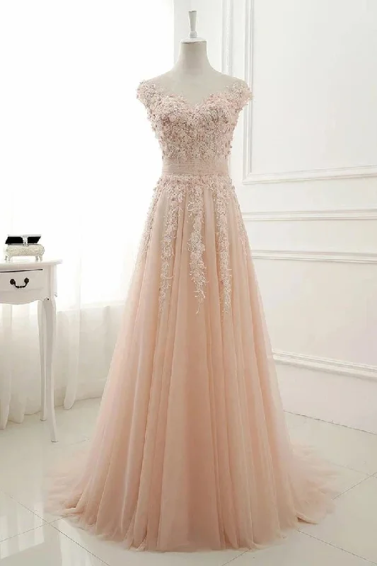 A Line Sheer Neck Cap Sleeves Tulle Prom Dresses Appliques Sweep Train Formal STIPTEXZSTC A Line Sheer Neck Cap Sleeves Tulle Prom Dresses Appliques Sweep Train Formal STIPTEXZSTC